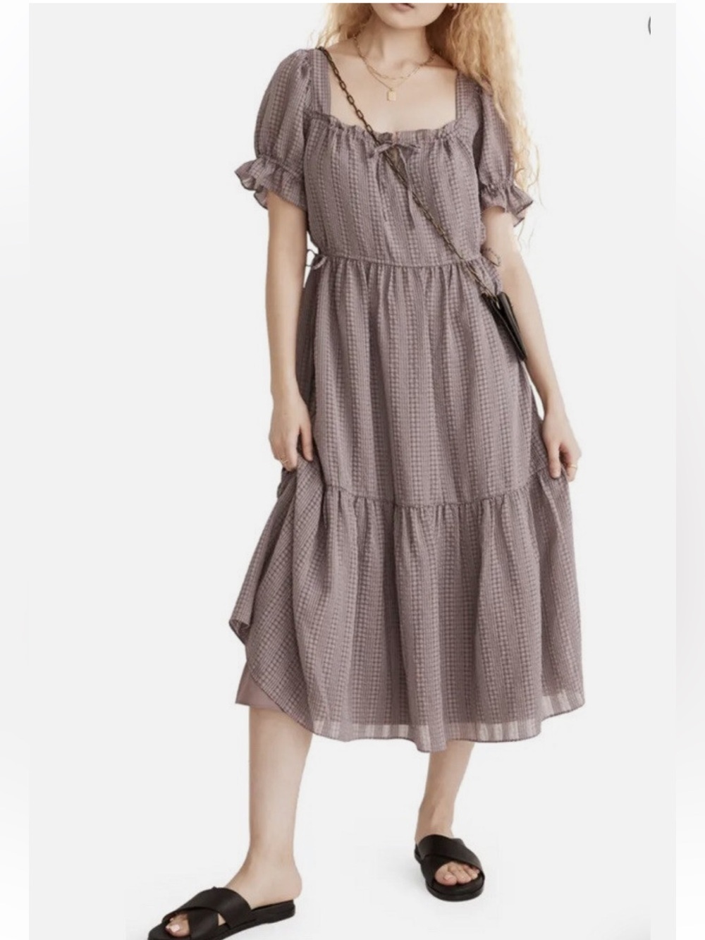 Madewell Purple Plaid Square Neck Tiered Textured Seersucker Midi Size Medium - Picture 2 of 12